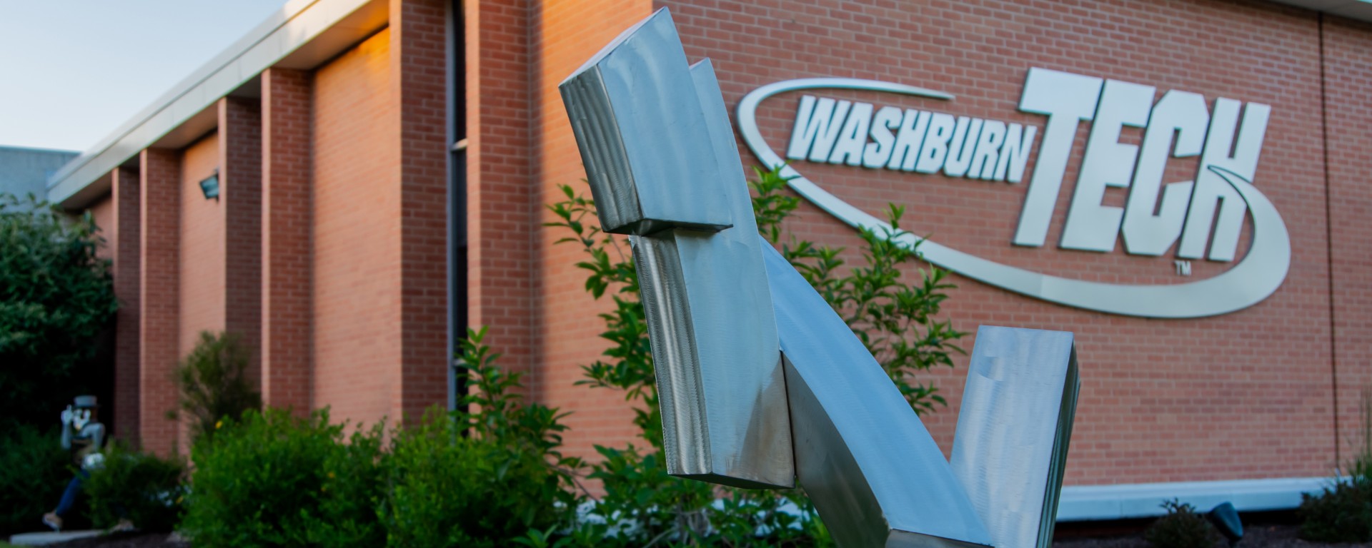 Outside building A East with Washburn Tech Logo