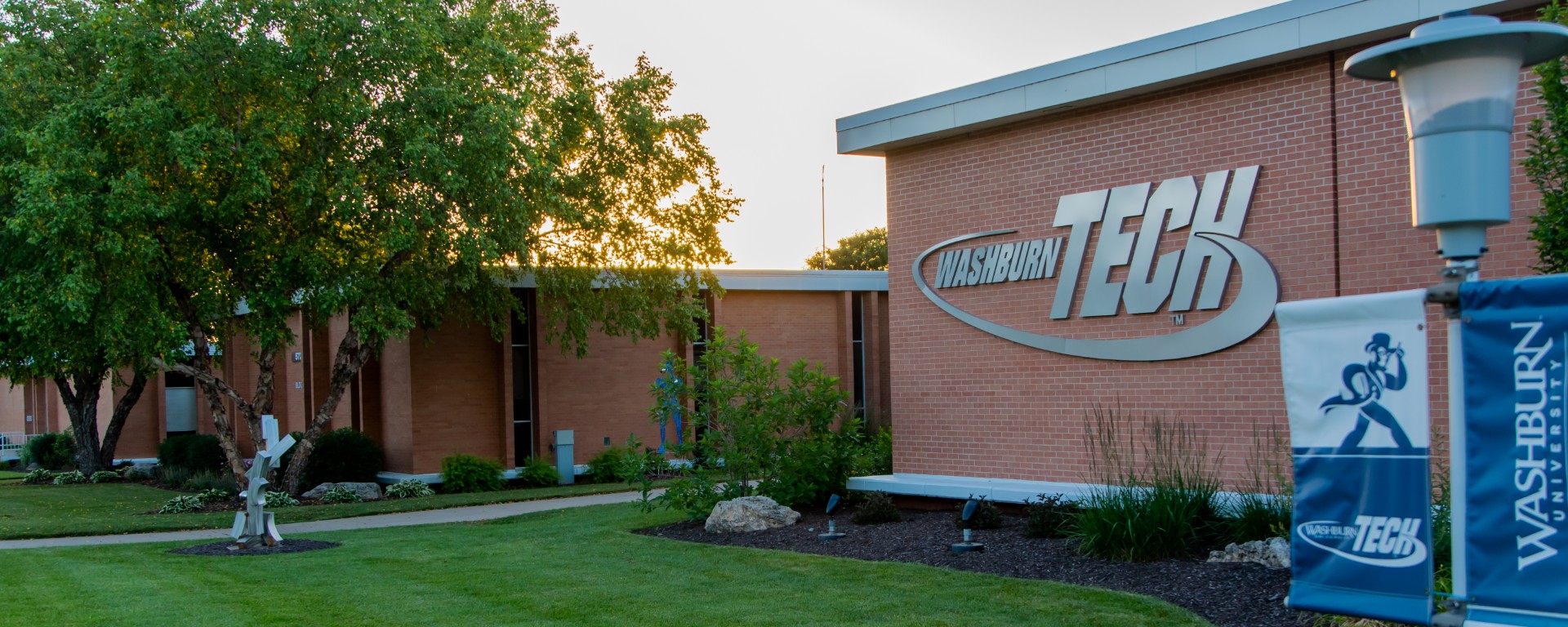 Outside building A East with Washburn Tech Logo