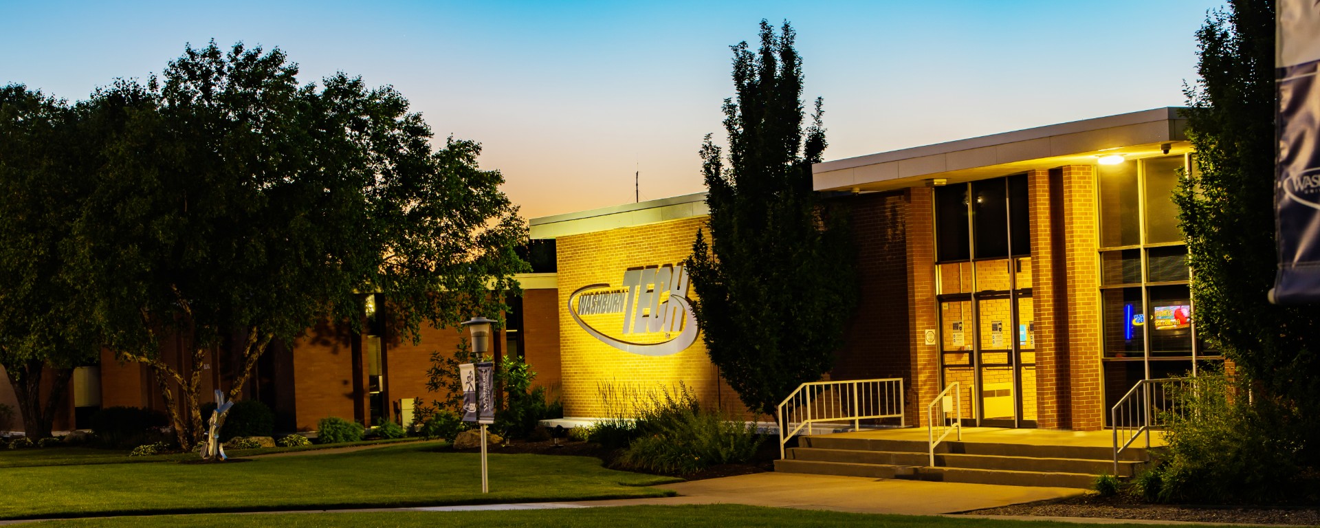 Washburn Tech building at dusk