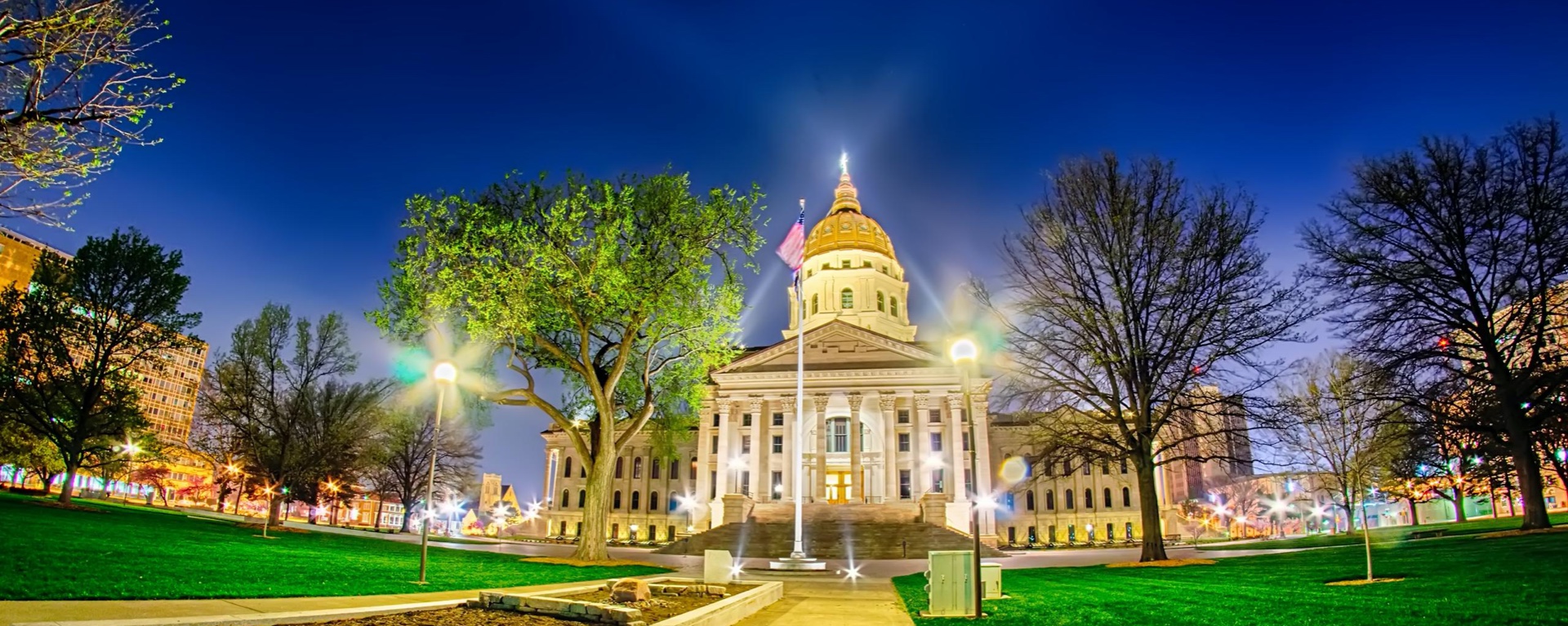 Kansas Capitol at night in Topeka, Kansas