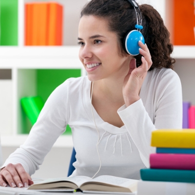 student with headset