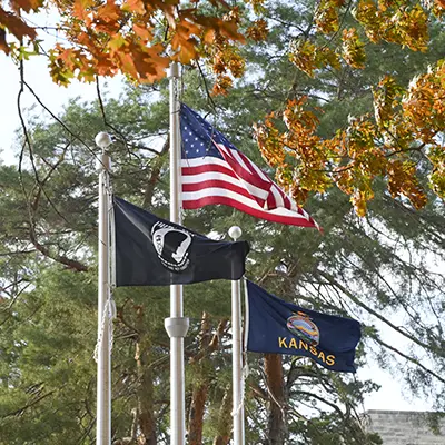 flags on campus with trees behind